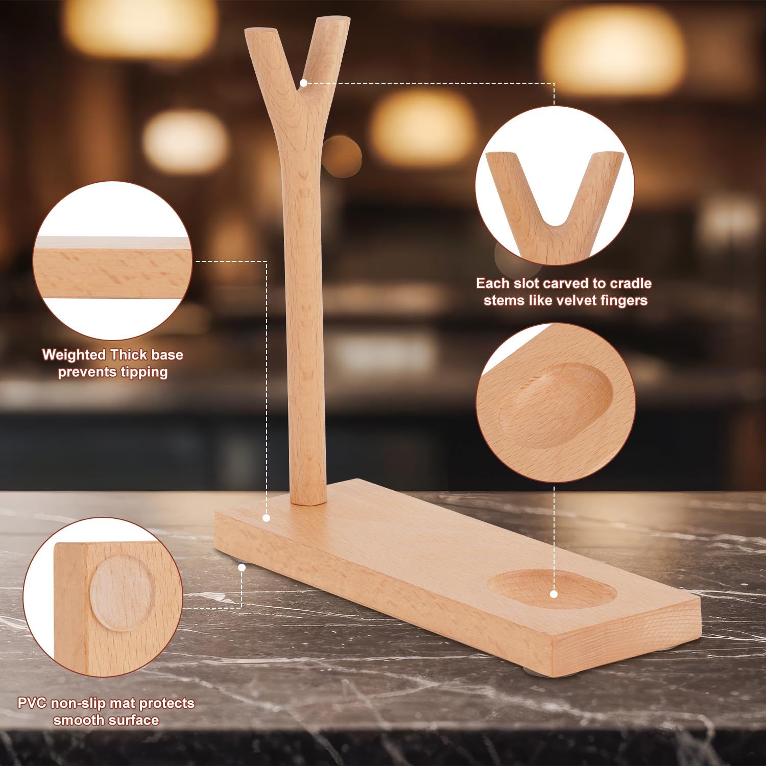 Handcrafted European Beech Wood Pipe Stand Holder for Churchwarden Pipes - Natural Wax Finish with Non-Slip PVC Base, Meaningful Gift for Tobacco Pipe Smokers & Collectors(Tobacco Pipe Not Included)